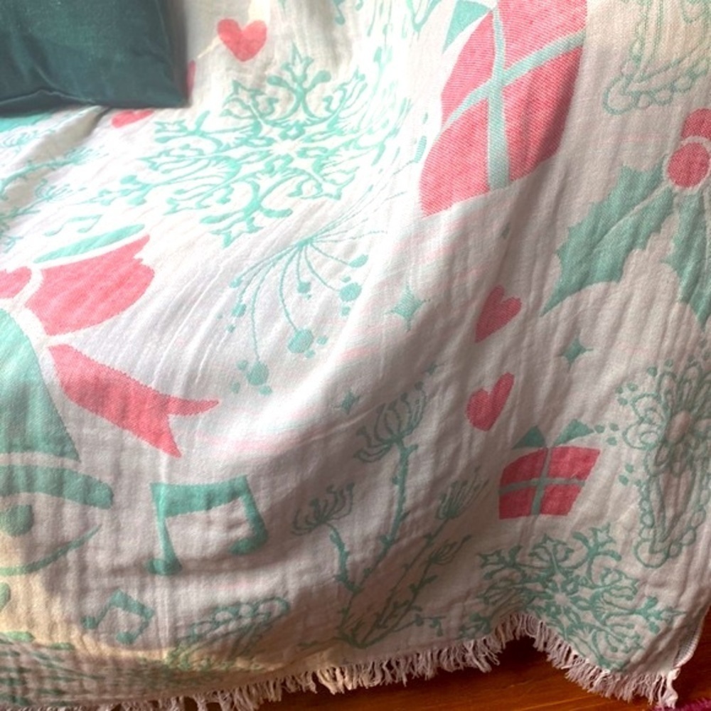 Christmas Bells Music + Woodland Reversible 2 Sides Organic Cotton Weave Throw - Picture 7 of 16